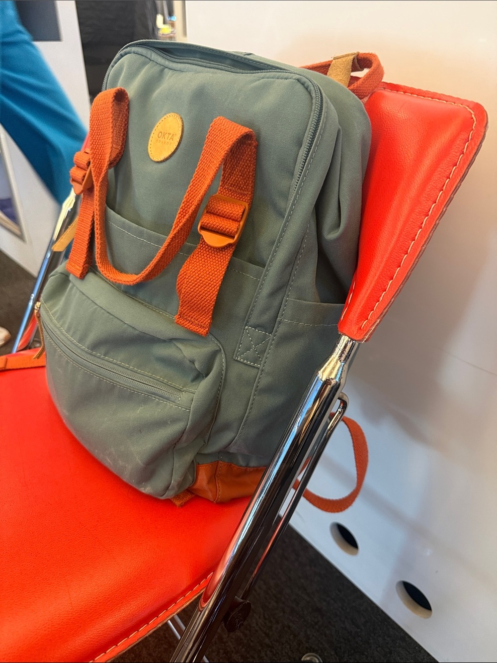 OKA b. Olive Green Backpack with Orange Straps and Accents